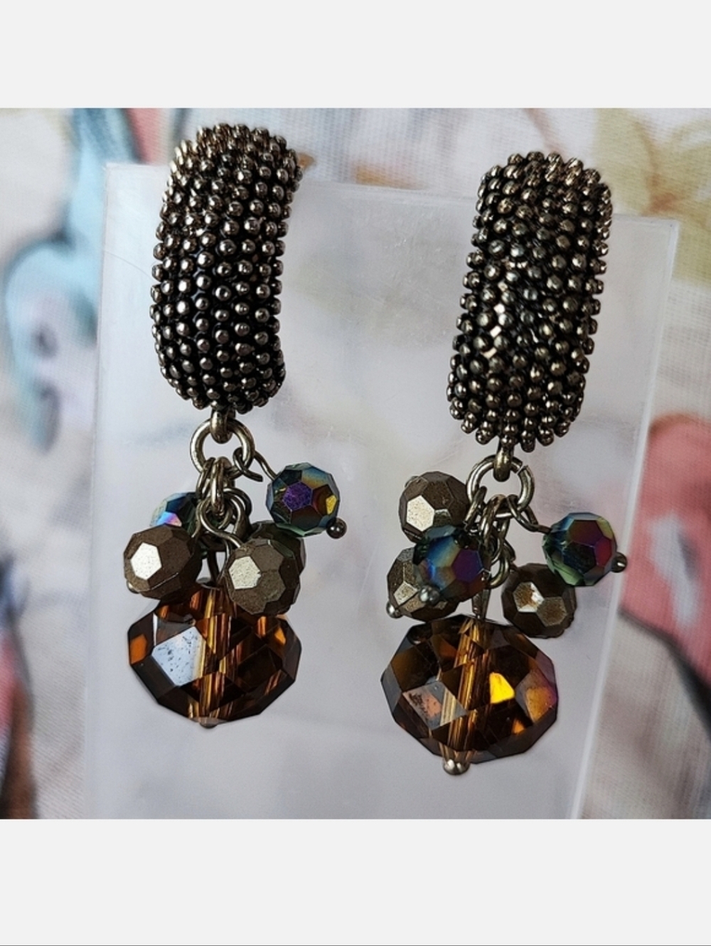Root Beer Chestnut Brown Aurora Borealis Glass Gold Tone Clip Vintage Earrings